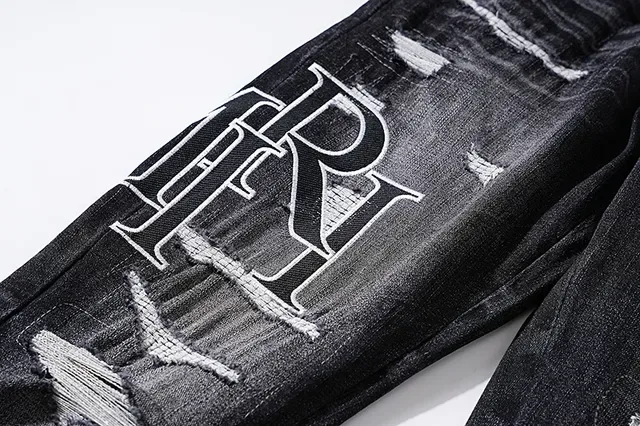 Distressed Ripped Embroidered Monogram Black Jeans 16