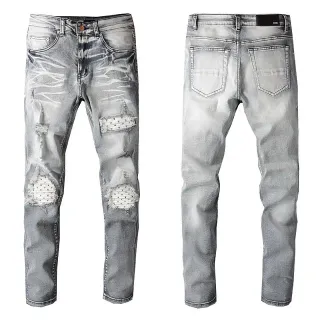 Distressed Slim-Fit Light Gray Wash Embroidered Patchwork Jeans