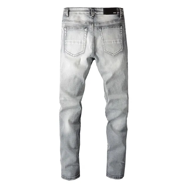 Distressed Slim-Fit Light Gray Wash Embroidered Patchwork Jeans 5