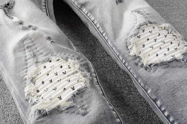 Distressed Slim-Fit Light Gray Wash Embroidered Patchwork Jeans 11