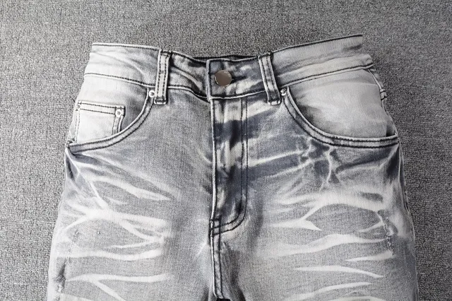 Distressed Slim-Fit Light Gray Wash Embroidered Patchwork Jeans 15
