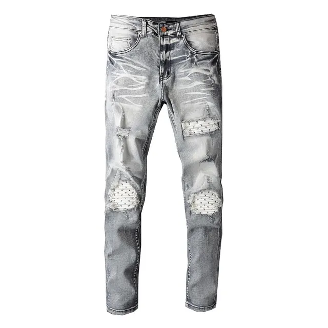 Distressed Slim-Fit Light Gray Wash Embroidered Patchwork Jeans 16