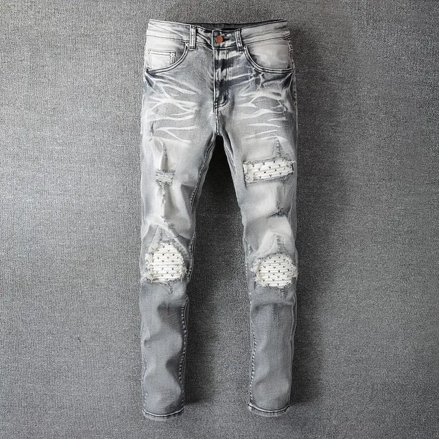 Distressed Slim-Fit Light Gray Wash Embroidered Patchwork Jeans 17