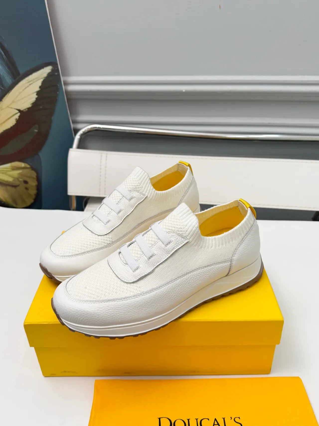 Doucal's White and Yellow Laceless Slip-On Lifestyle Sneakers 4