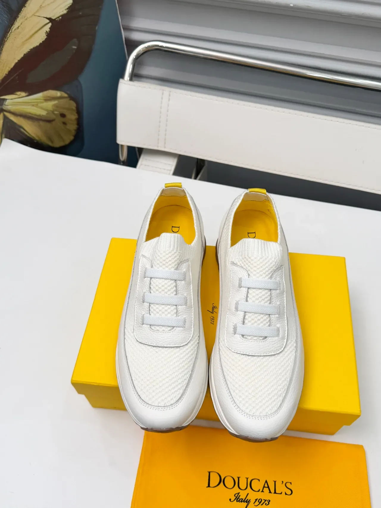Doucal's White and Yellow Laceless Slip-On Lifestyle Sneakers 5