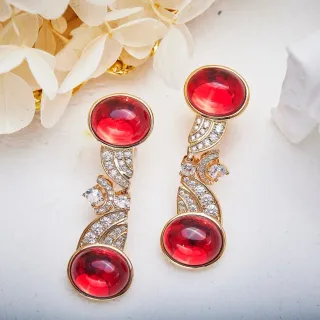 Dual Cabochon Red Gemstone Pavé-Accented Gold-Tone Drop Earrings