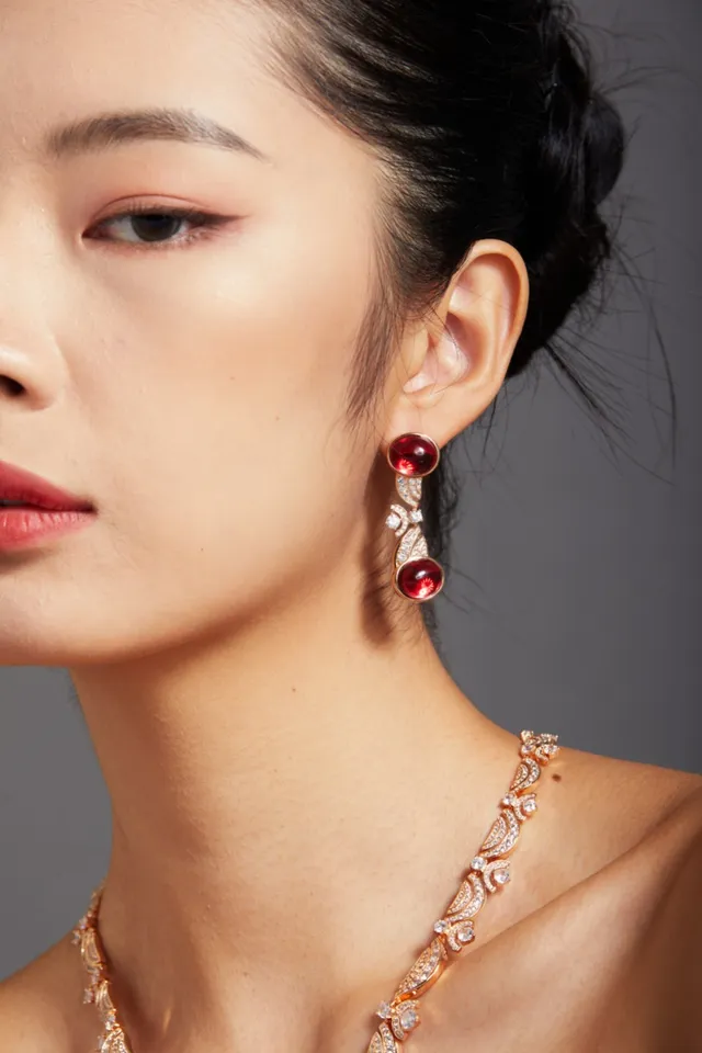 Dual Cabochon Red Gemstone Pavé-Accented Gold-Tone Drop Earrings 2