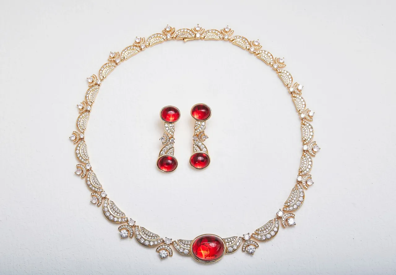 Dual Cabochon Red Gemstone Pavé-Accented Gold-Tone Drop Earrings 4