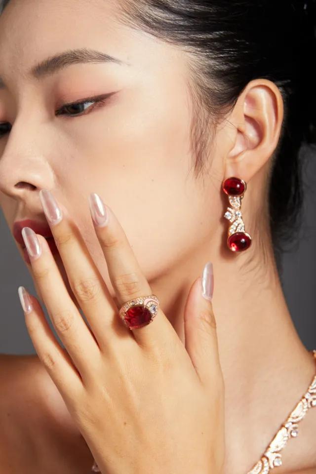 Dual Cabochon Red Gemstone Pavé-Accented Gold-Tone Drop Earrings 5