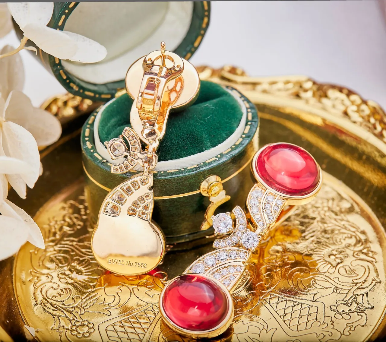 Dual Cabochon Red Gemstone Pavé-Accented Gold-Tone Drop Earrings 6