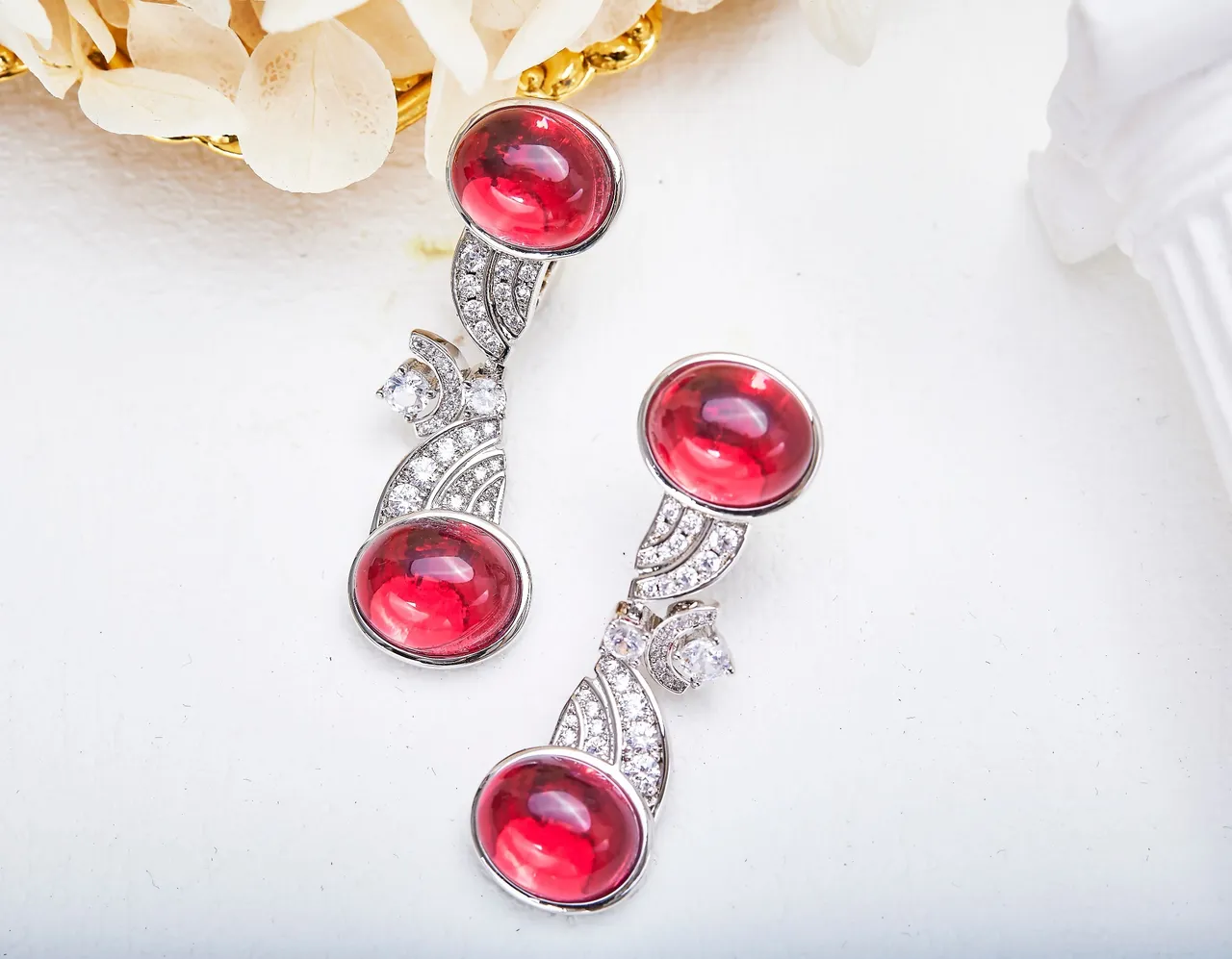 Dual Cabochon Red Gemstone Pavé-Accented Gold-Tone Drop Earrings 7