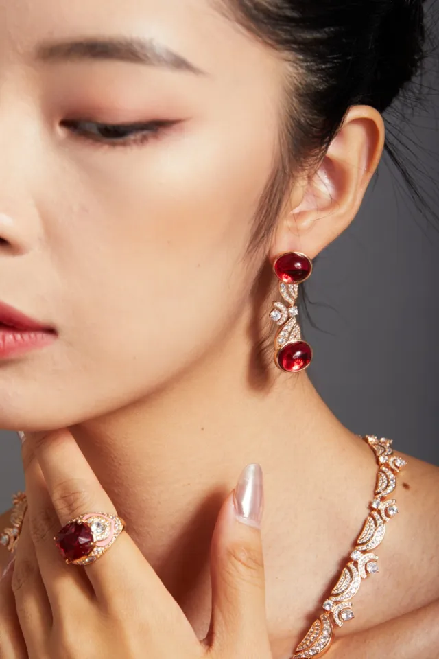 Dual Cabochon Red Gemstone Pavé-Accented Gold-Tone Drop Earrings 8