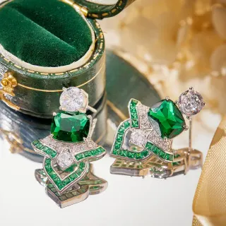 Emerald and Clear Stone Geometric Stud Earrings