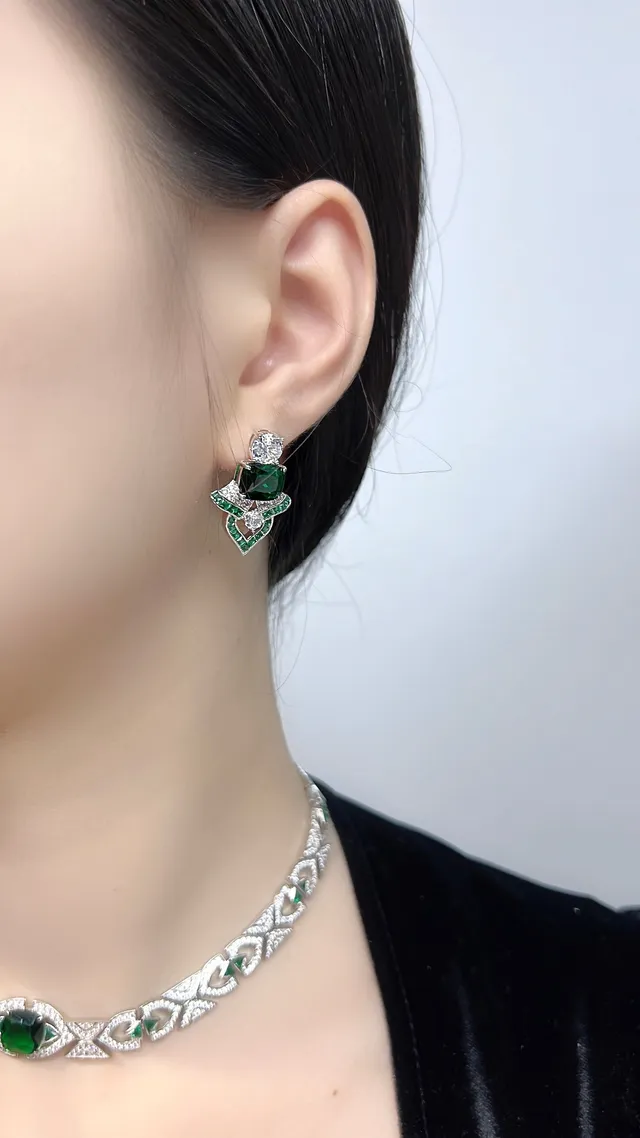Emerald and Clear Stone Geometric Stud Earrings 2