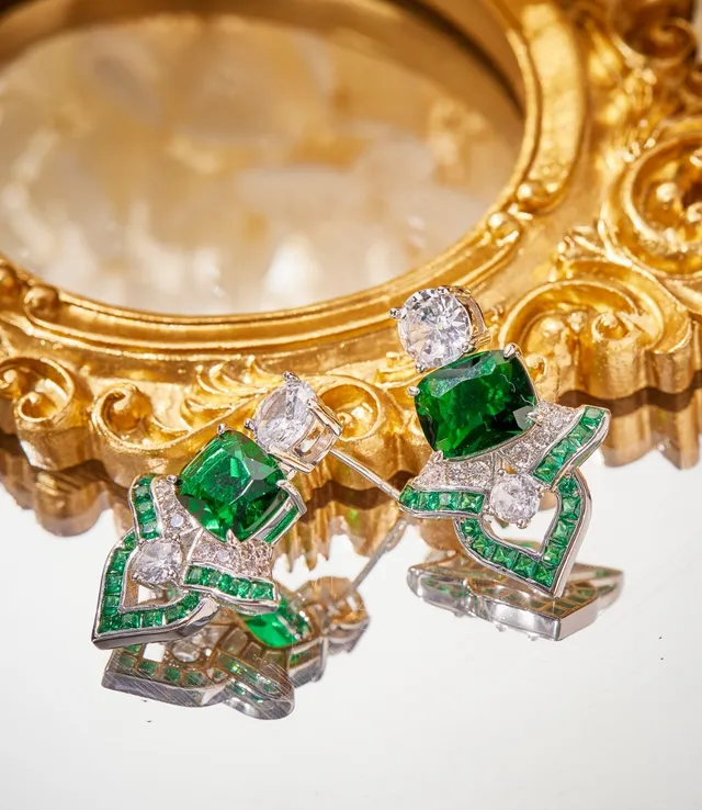 Emerald and Clear Stone Geometric Stud Earrings 3
