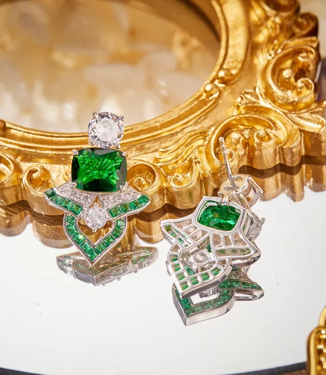 Emerald and Clear Stone Geometric Stud Earrings 4