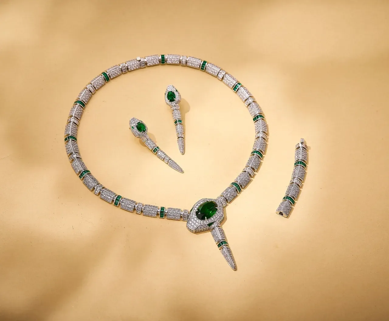 Emerald and Pavé Diamond Snake Motif Earrings 2