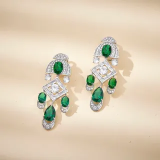 Emerald and Pavé Diamond-Style Multi-Tier Chandelier Earrings