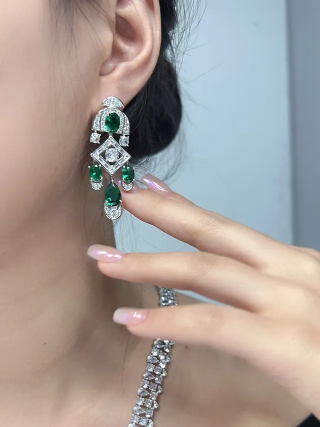 Emerald and Pavé Diamond-Style Multi-Tier Chandelier Earrings 3