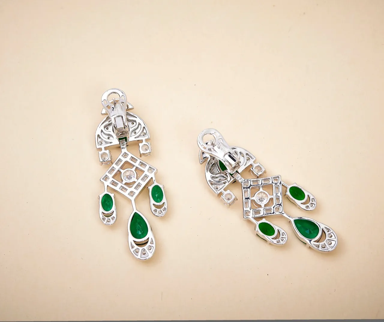 Emerald and Pavé Diamond-Style Multi-Tier Chandelier Earrings 5