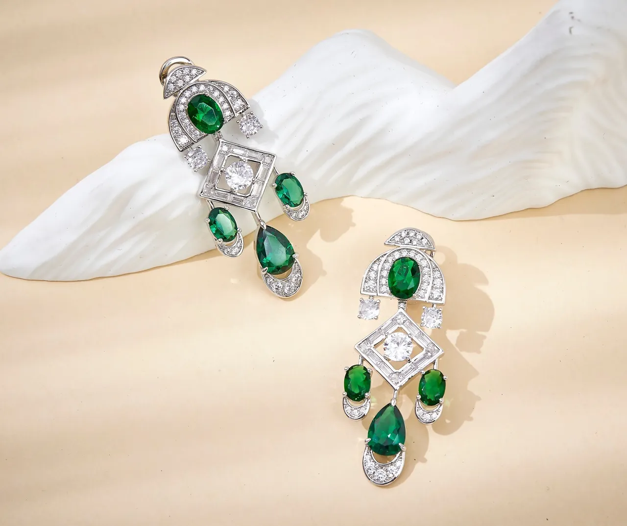Emerald and Pavé Diamond-Style Multi-Tier Chandelier Earrings 6