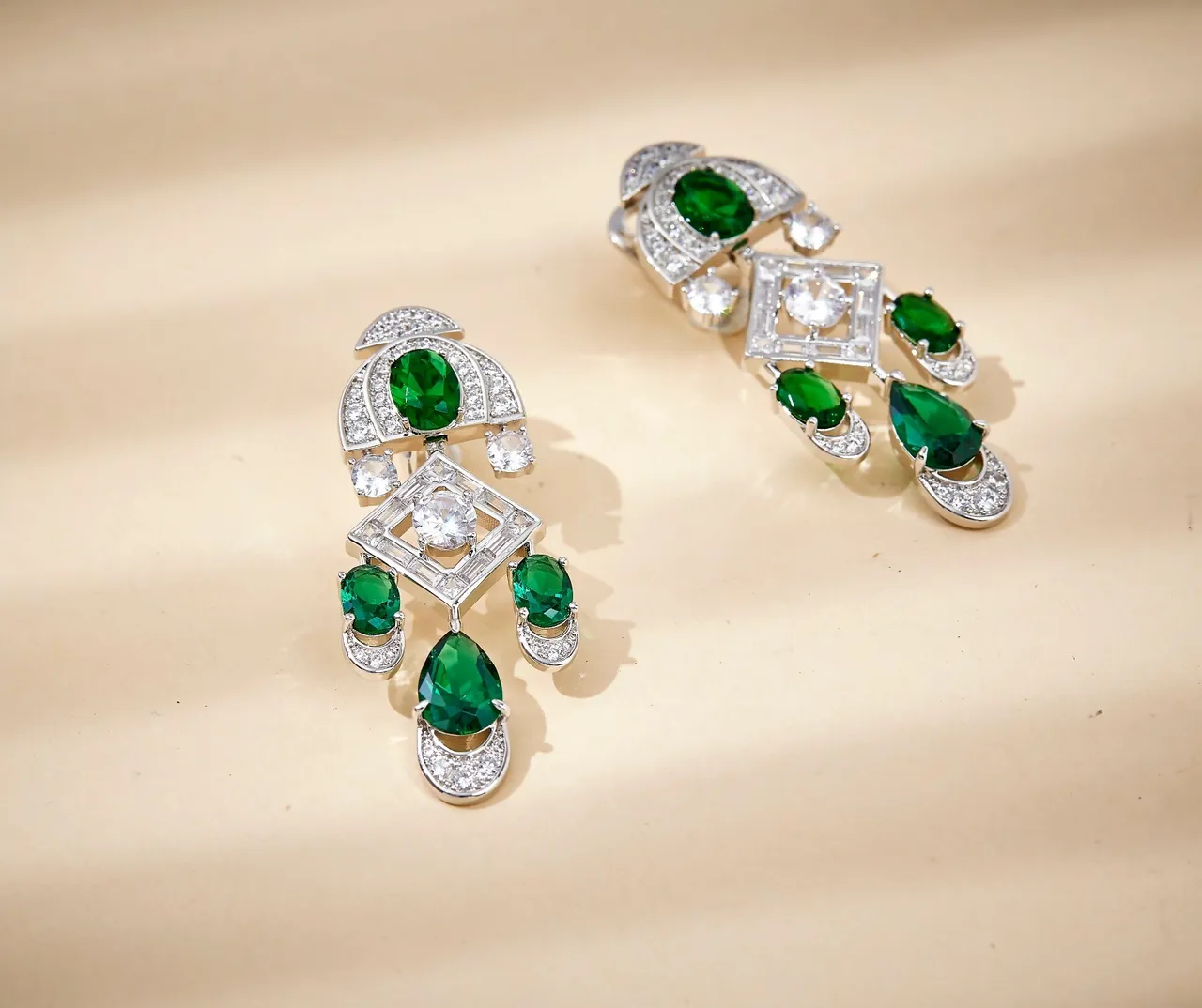 Emerald and Pavé Diamond-Style Multi-Tier Chandelier Earrings 7