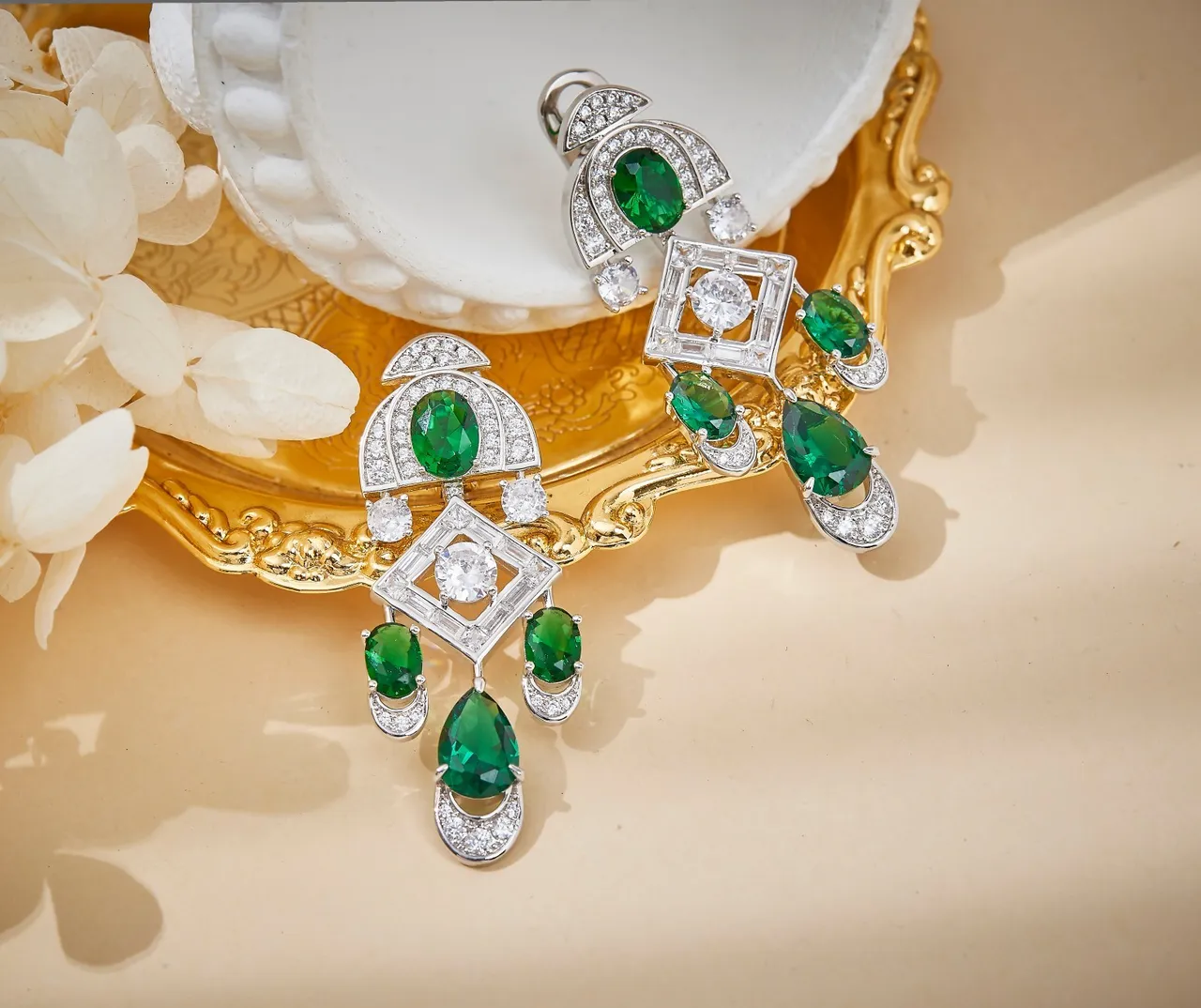 Emerald and Pavé Diamond-Style Multi-Tier Chandelier Earrings 8