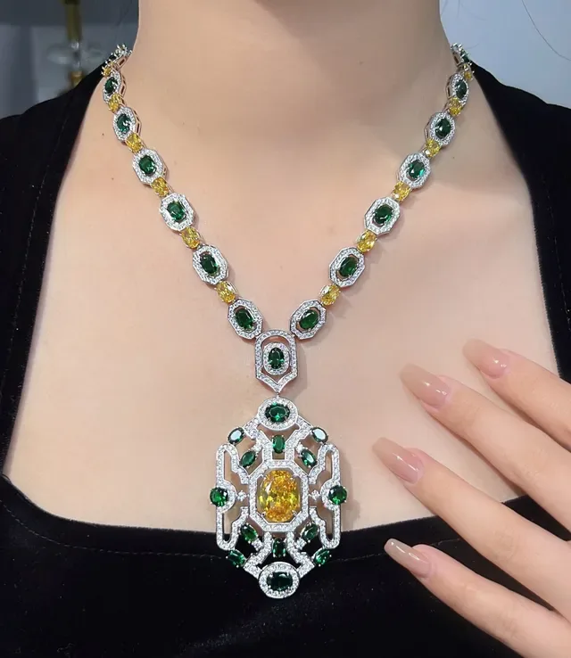 Emerald and Yellow Sapphire Gem-Set Pendant Necklace 2