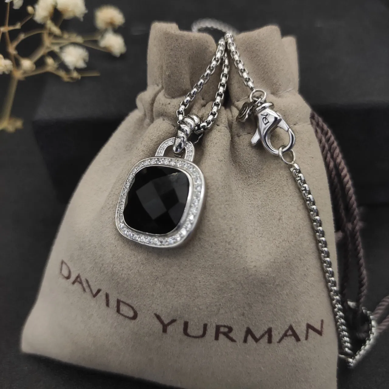 Faceted Black Stone Pavé Halo Cushion Pendant Necklace 4