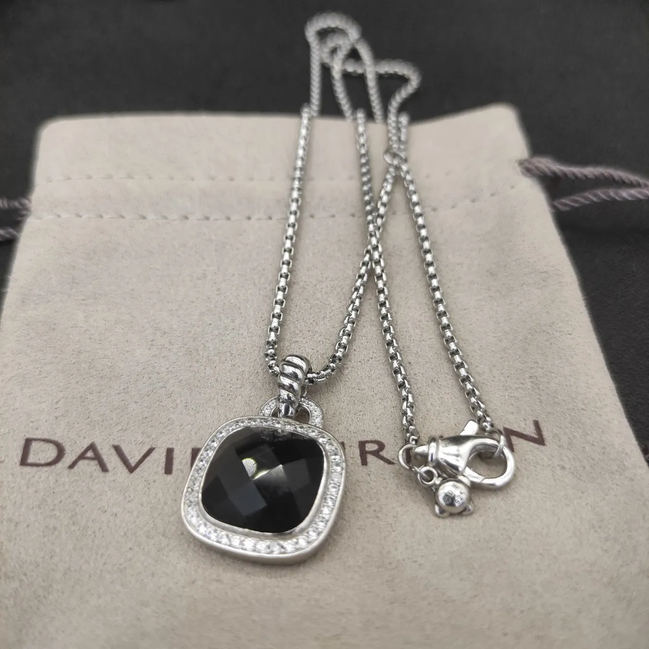 Faceted Black Stone Pavé Halo Cushion Pendant Necklace 5