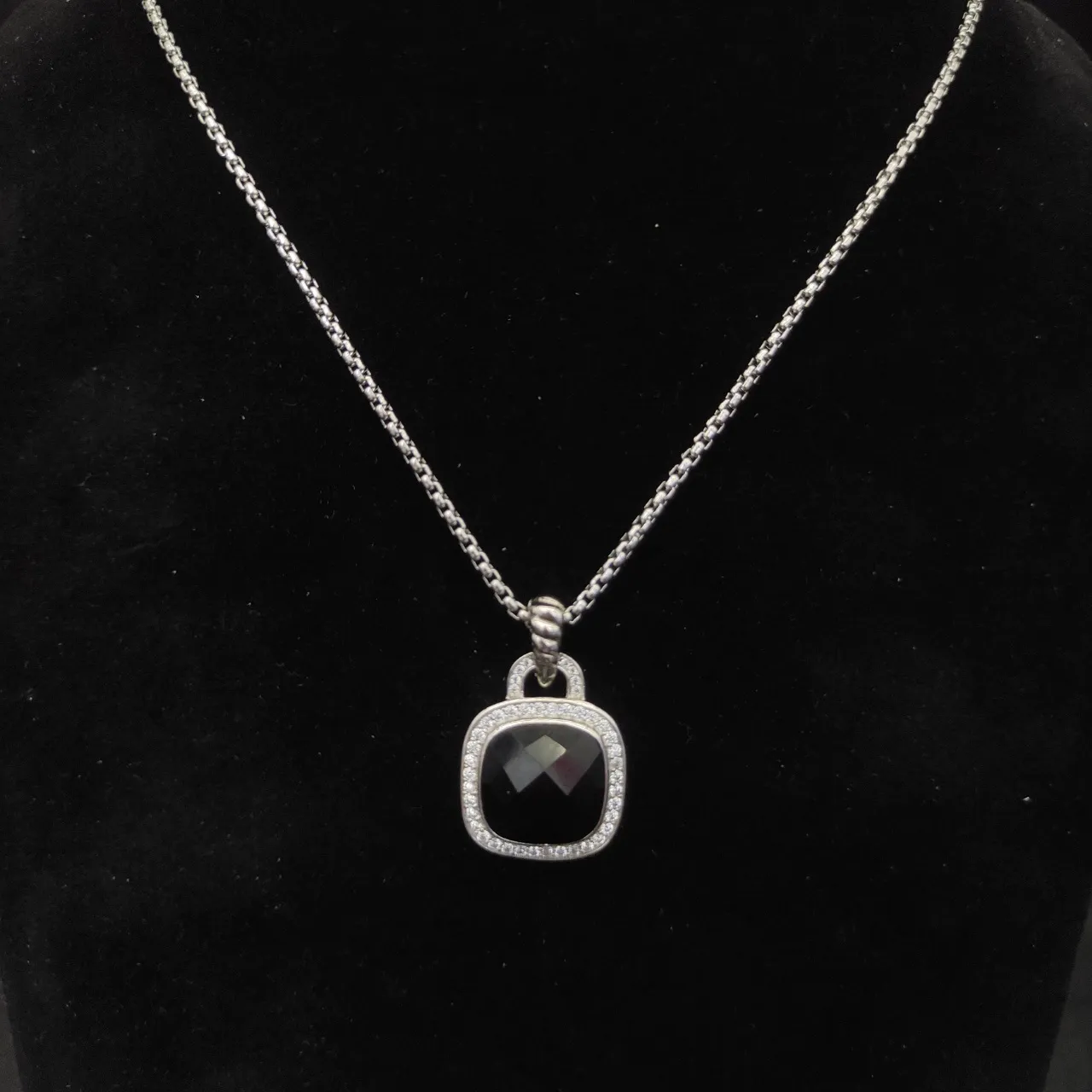 Faceted Black Stone Pavé Halo Cushion Pendant Necklace 6