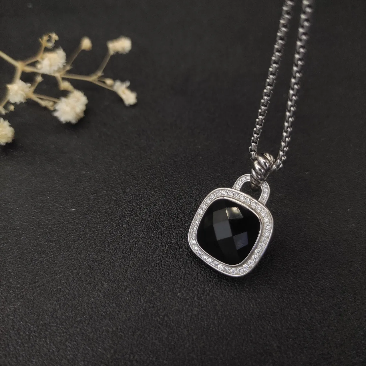 Faceted Black Stone Pavé Halo Cushion Pendant Necklace 7