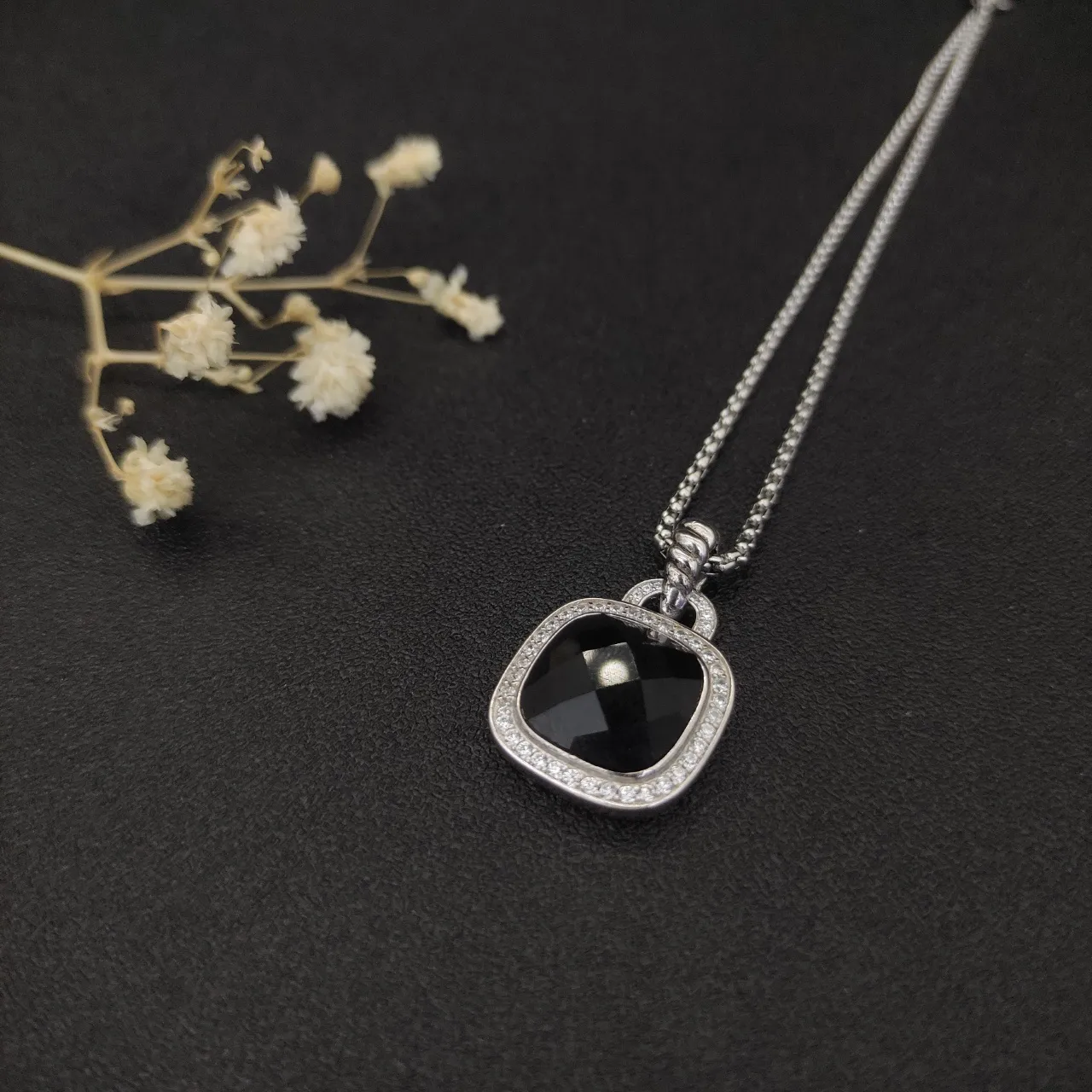 Faceted Black Stone Pavé Halo Cushion Pendant Necklace 8