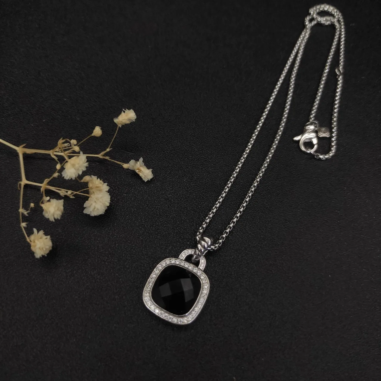 Faceted Black Stone Pavé Halo Cushion Pendant Necklace 9
