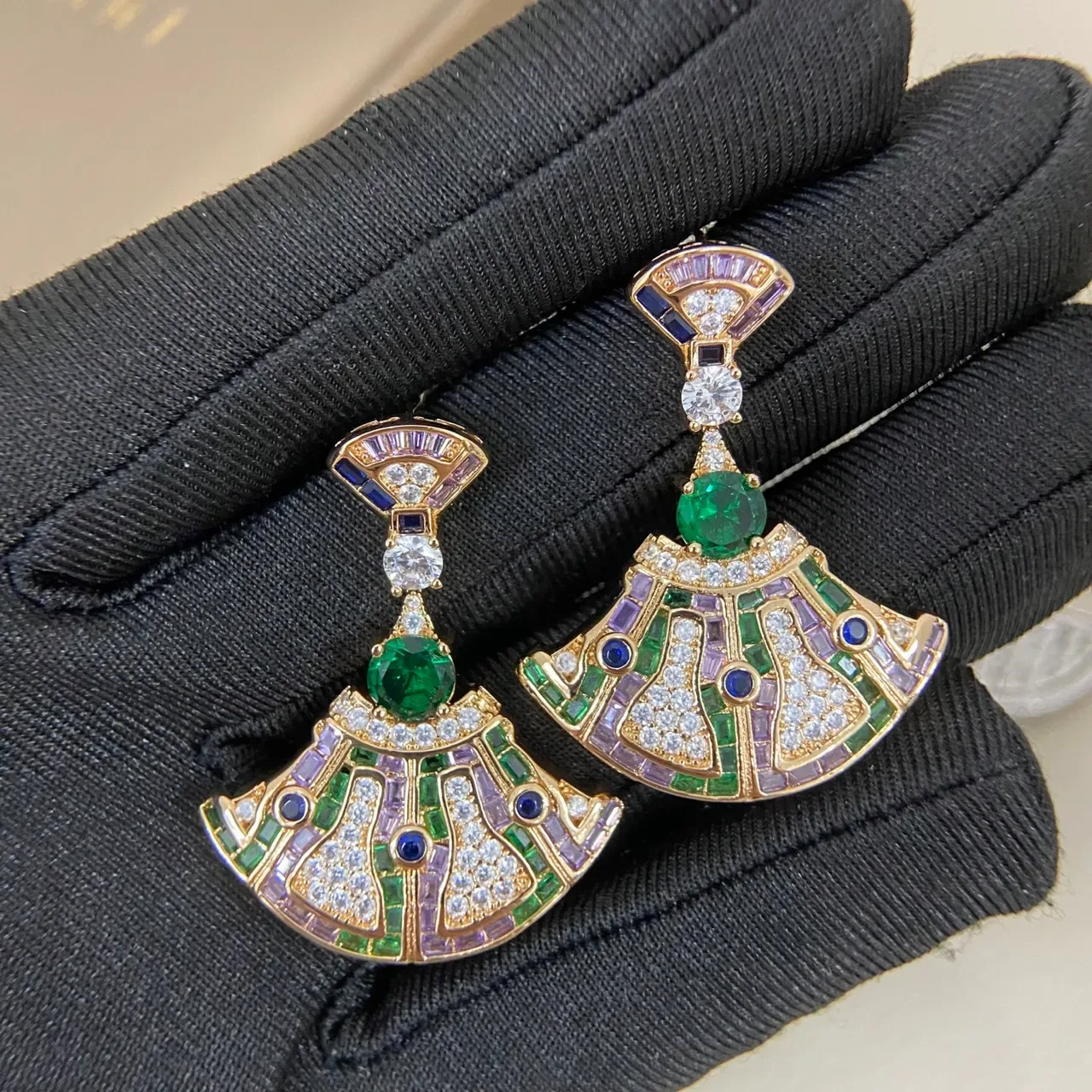 Fan-Shaped Multi-Gemstone Pavé Dangling Drop Earrings 3