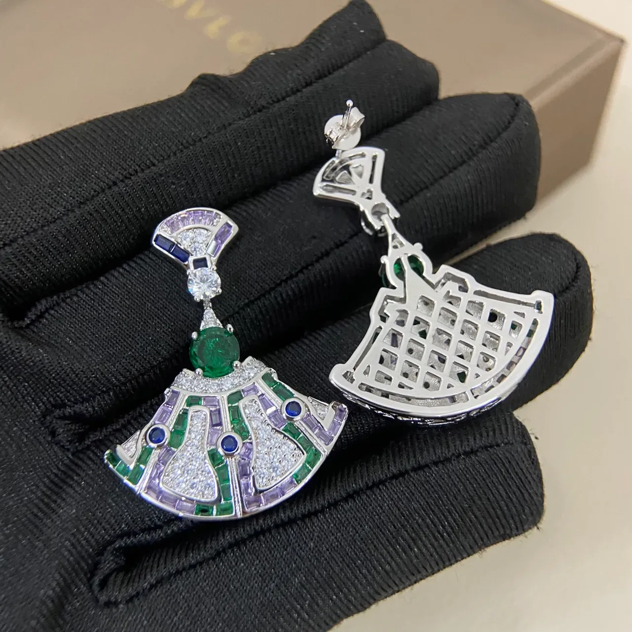 Fan-Shaped Multi-Gemstone Pavé Dangling Drop Earrings 5