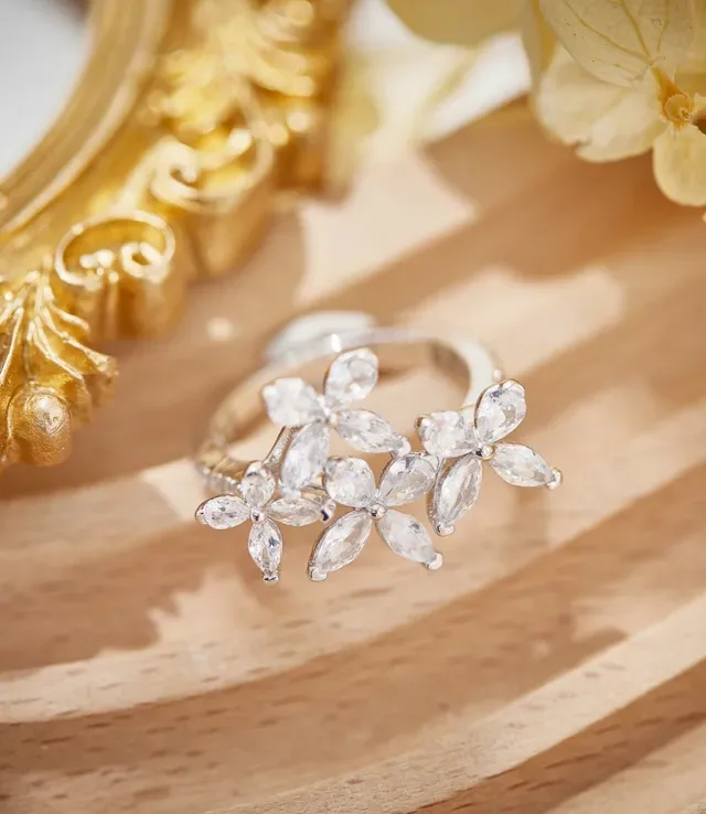 Floral Cluster Marquise-Cut Crystal Silver-Tone Ring 6