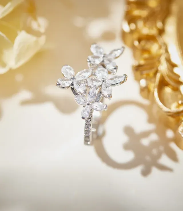 Floral Cluster Marquise-Cut Crystal Silver-Tone Ring 7