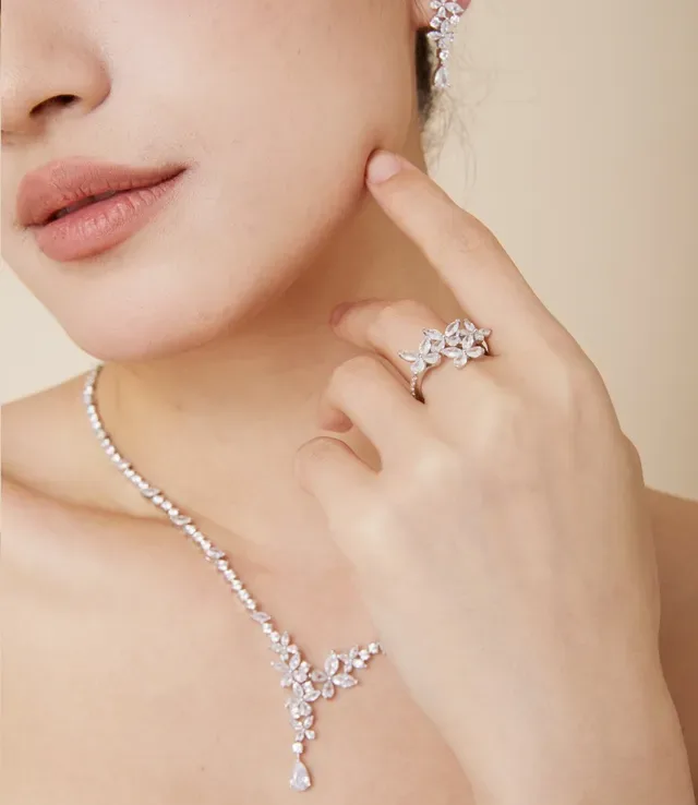 Floral Cluster Marquise-Cut Crystal Silver-Tone Ring 8