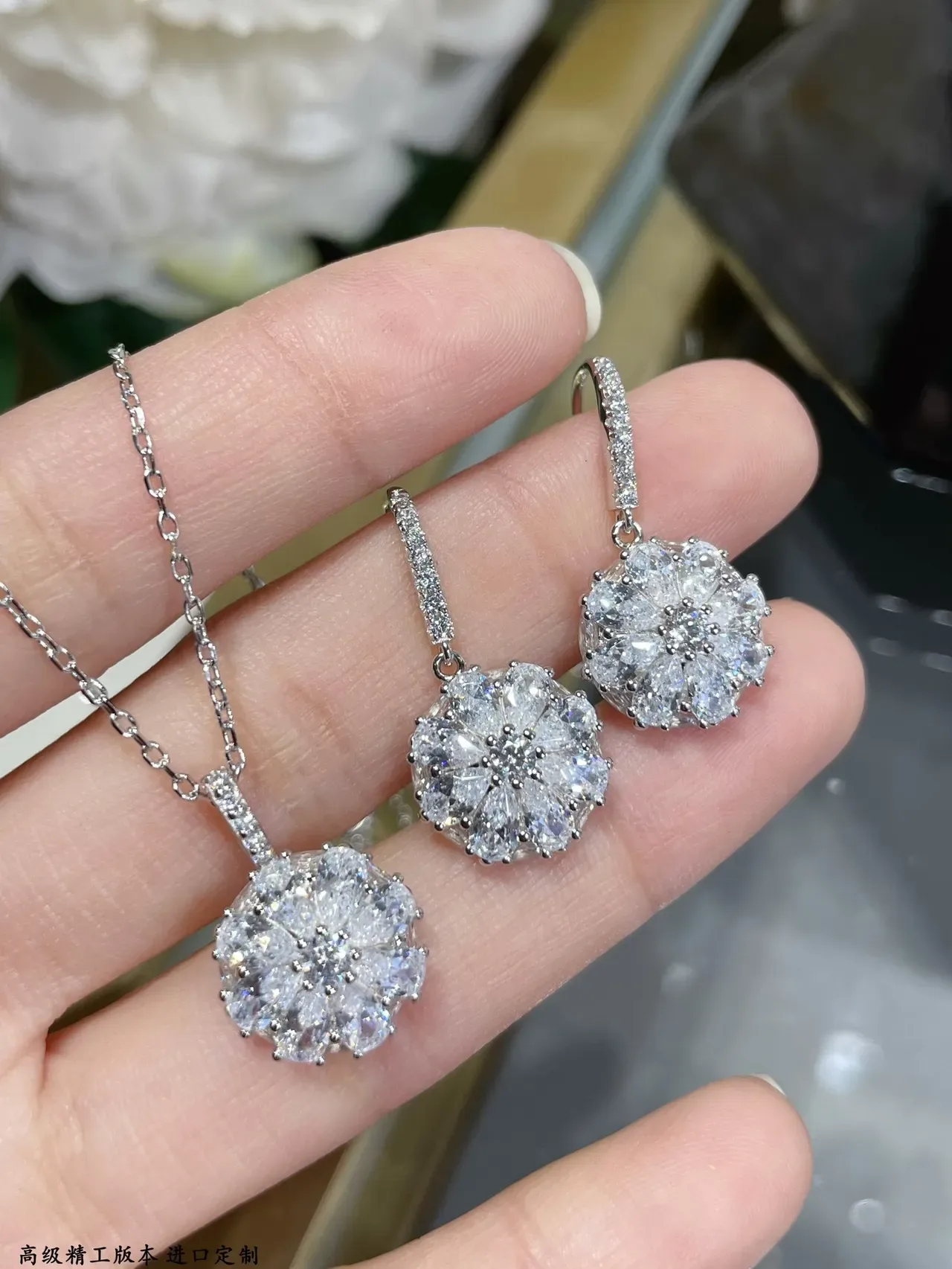 Floral Cluster Pave-Set Drop Stem Dangling Earrings 4