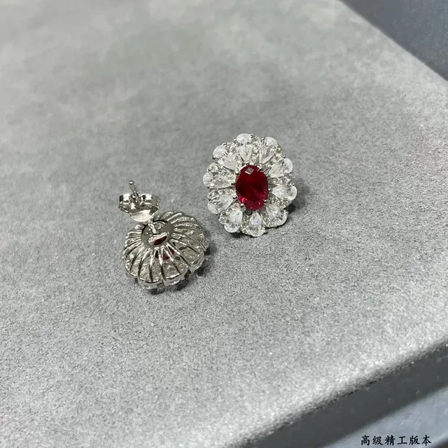 Floral Halo Oval Red Gemstone Stud Earrings 2