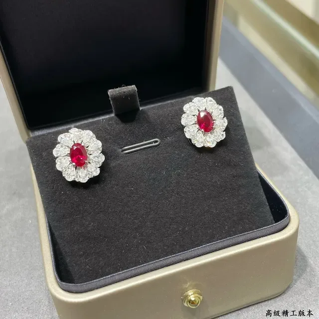 Floral Halo Oval Red Gemstone Stud Earrings 3