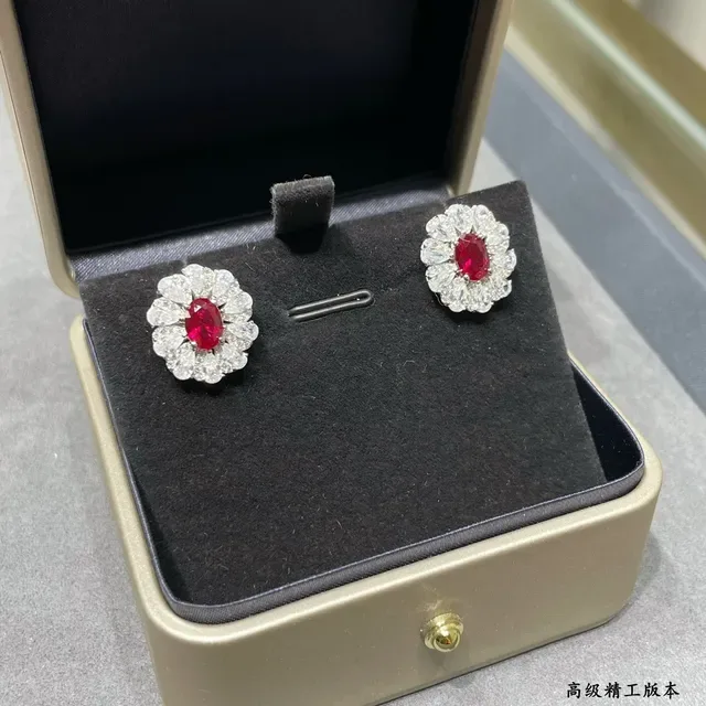 Floral Halo Oval Red Gemstone Stud Earrings 4