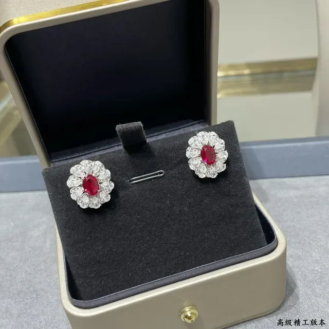 Floral Halo Oval Red Gemstone Stud Earrings 6