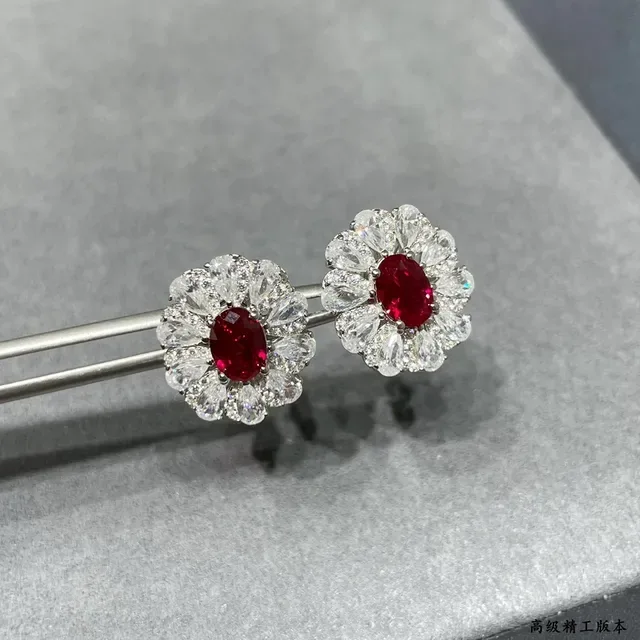 Floral Halo Oval Red Gemstone Stud Earrings 7
