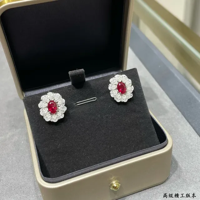 Floral Halo Oval Red Gemstone Stud Earrings 8