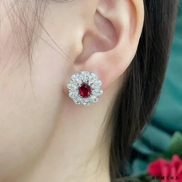 Floral Halo Oval Red Gemstone Stud Earrings 9