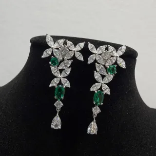 Floral Motif Marquise-Cut Green and Clear Stone Drop Earrings