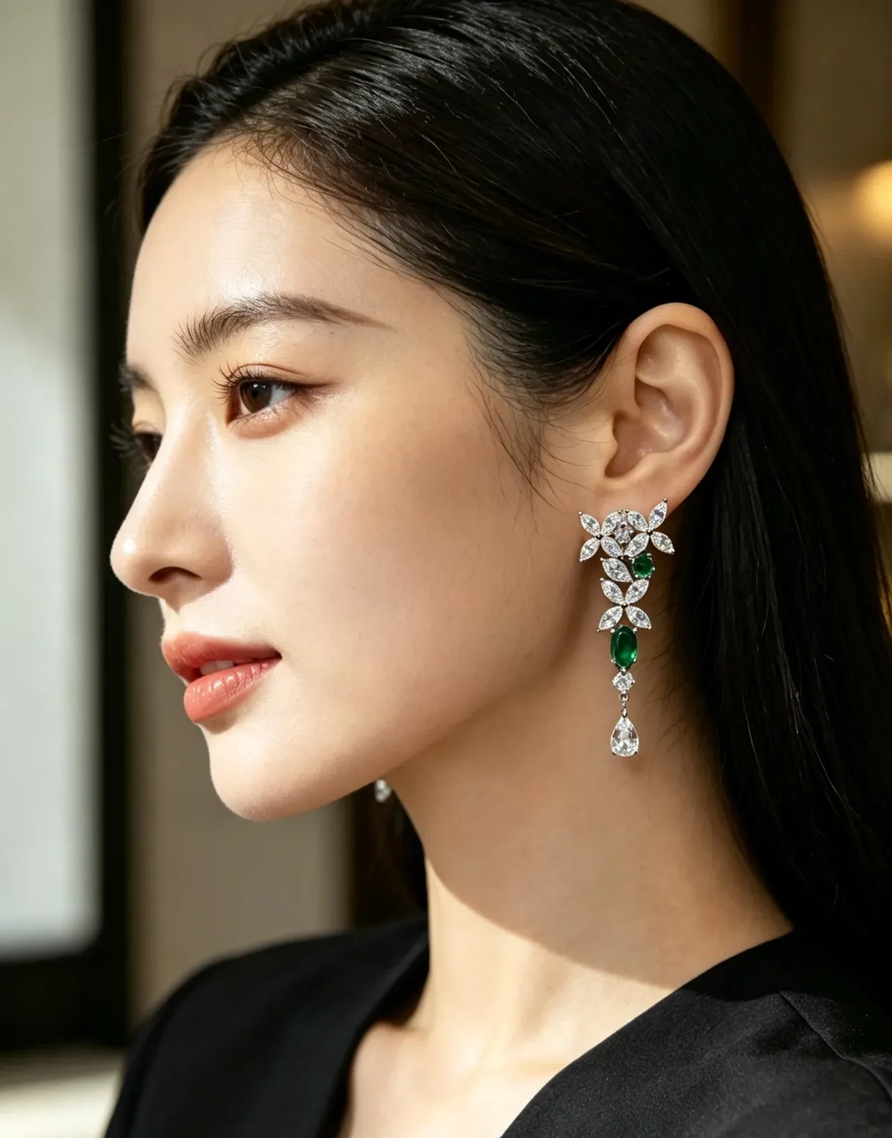 Floral Motif Marquise-Cut Green and Clear Stone Drop Earrings 2