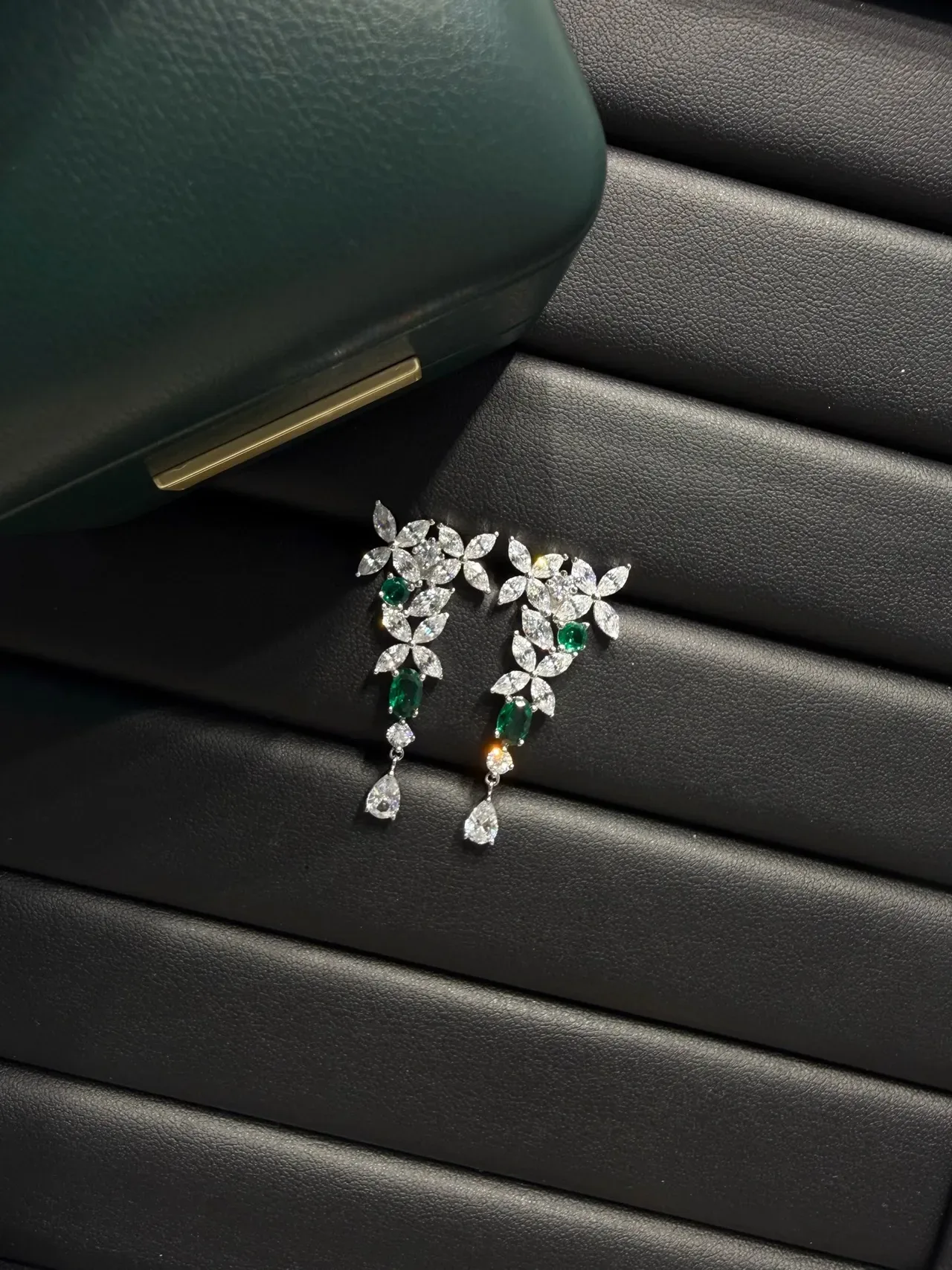 Floral Motif Marquise-Cut Green and Clear Stone Drop Earrings 3